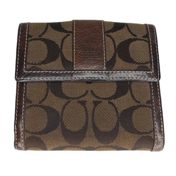 Vintage COACH Signature Bifold Brown Canvas Snap Wallet Coin Pouch - Picture 1 of 12